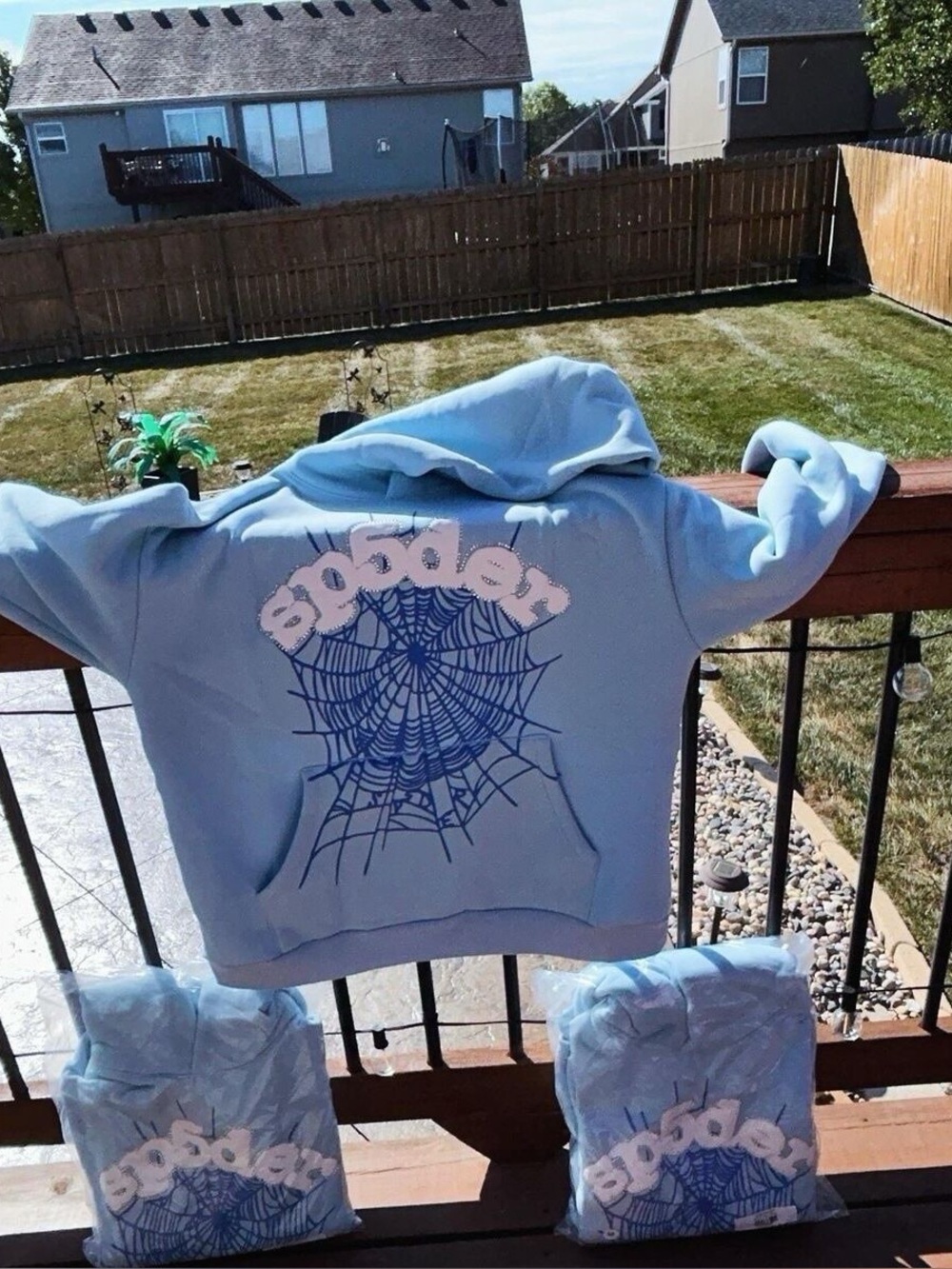 Light Blue Graphic Hoodie Jacket with Spiderweb Print